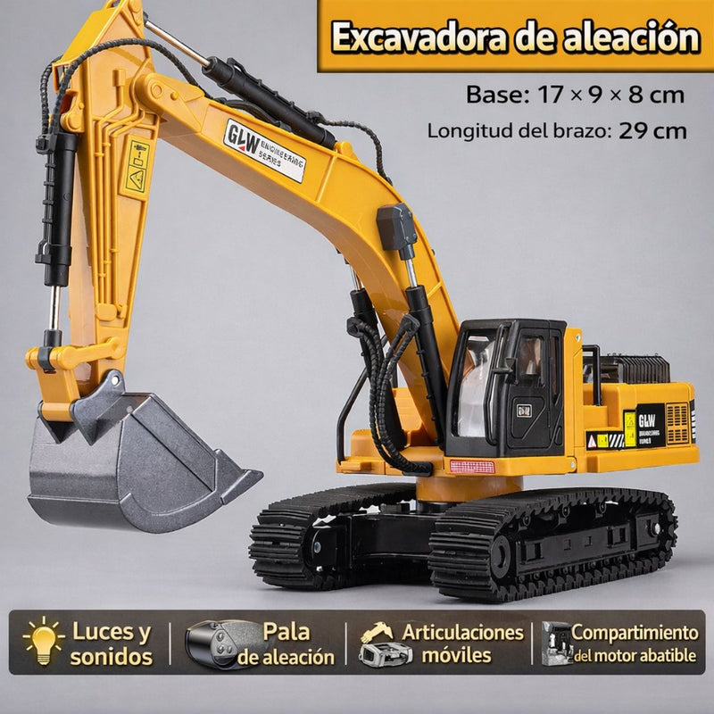 Excavadora de juguete de aleación con luces y sonidos, brazo articulado y cabina abatible (17x9x8cm)