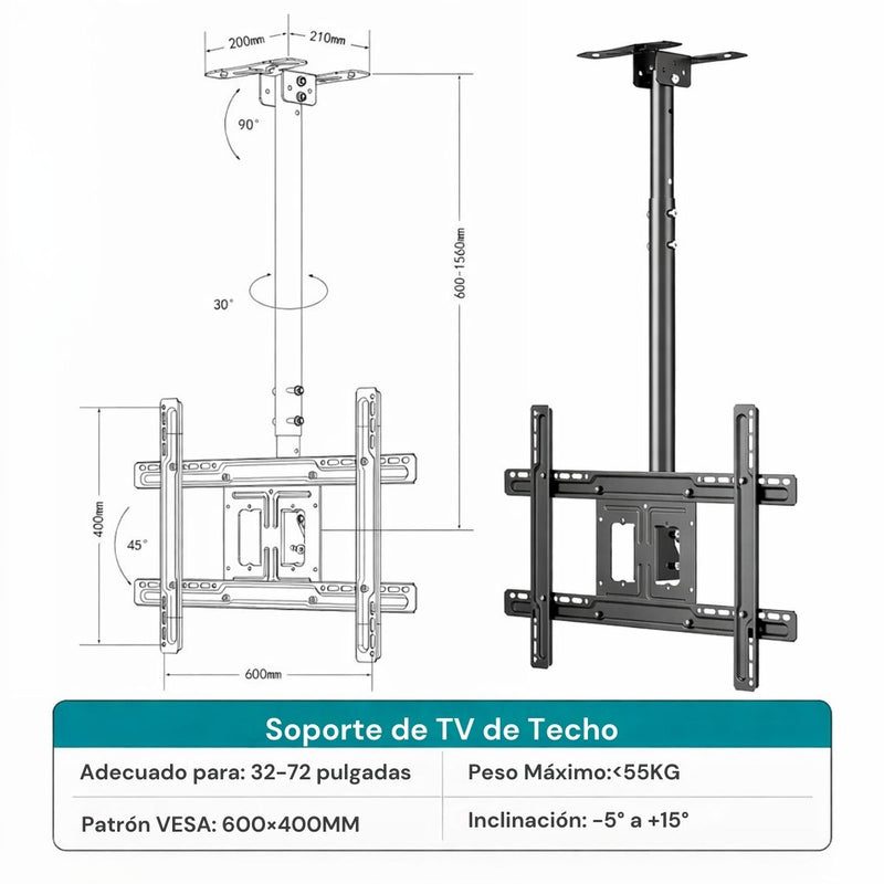 Soporte de TV de Techo en Acero Ajustable (600-1560mm) para Pantallas de 32 a 72 Pulgadas.