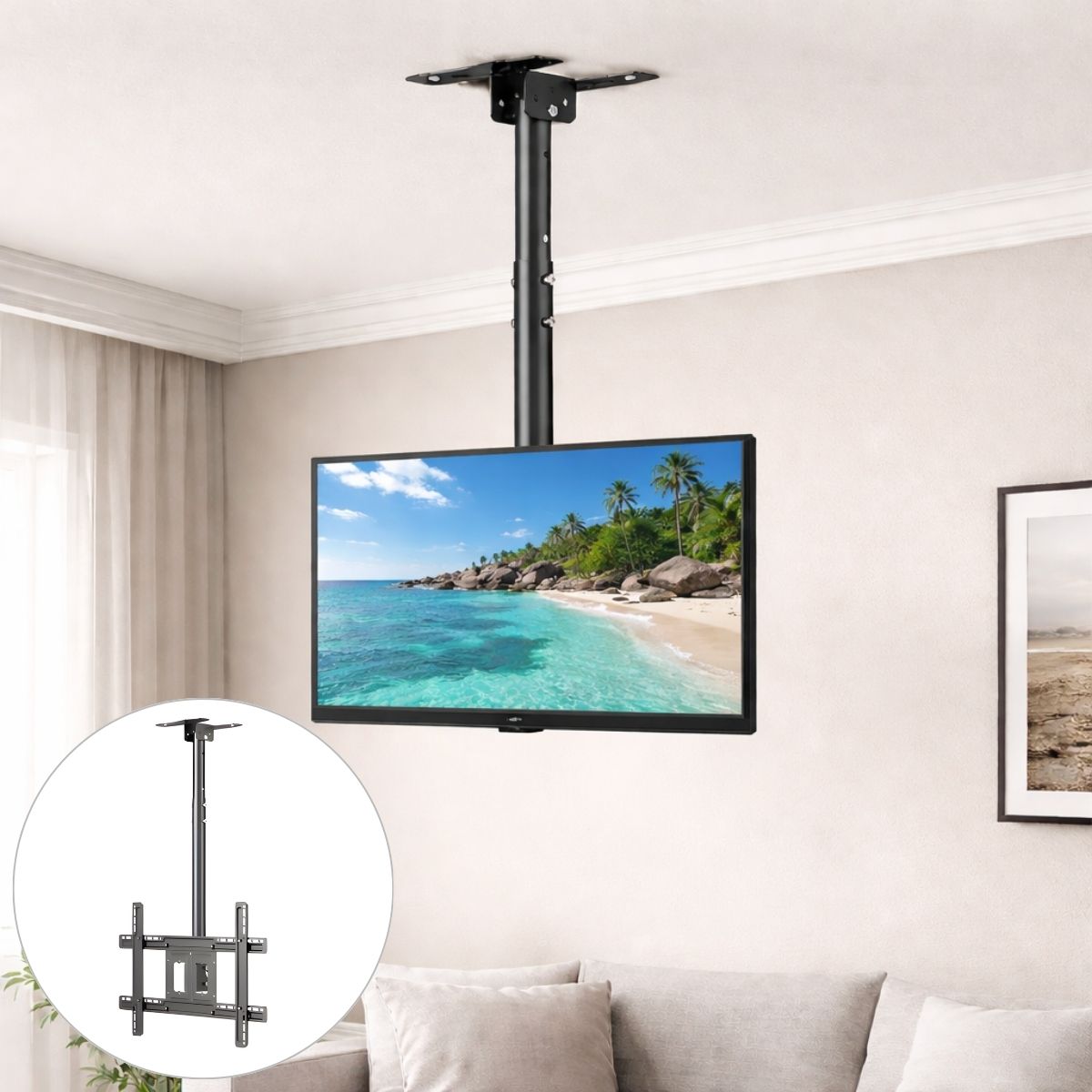 Soporte de TV de Techo en Acero Ajustable (600-1560mm) para Pantallas de 32 a 72 Pulgadas.