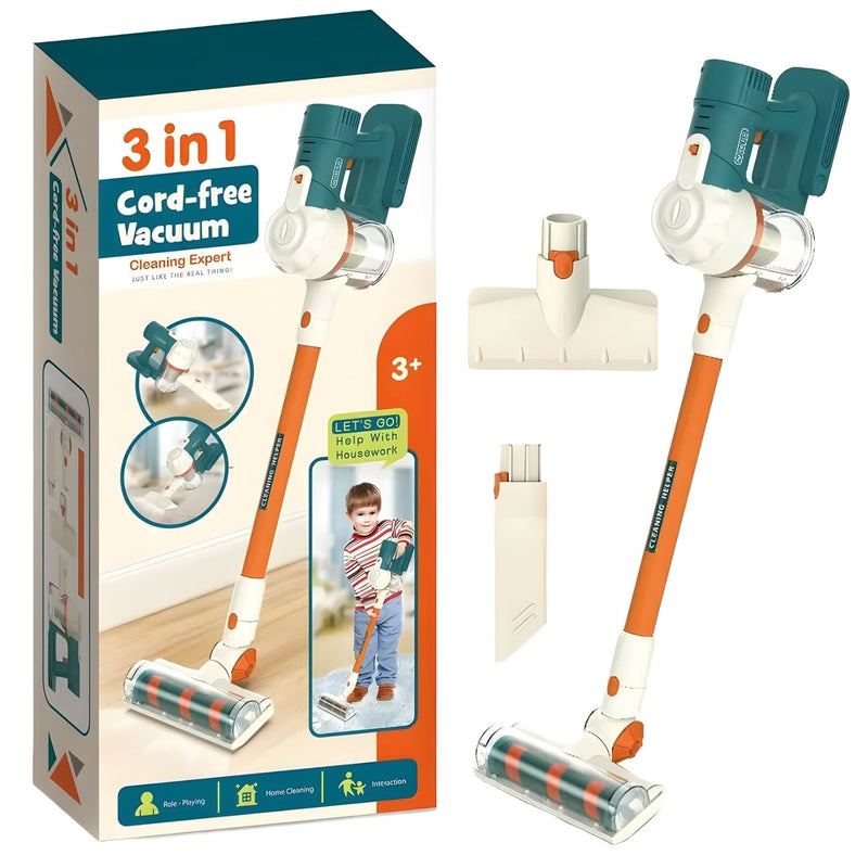 Aspiradora de Juguete Infantil 3 en 1. Juego Interactivo de Limpieza con luz y musica. Incluye 3 Cabezales Intercambiables.