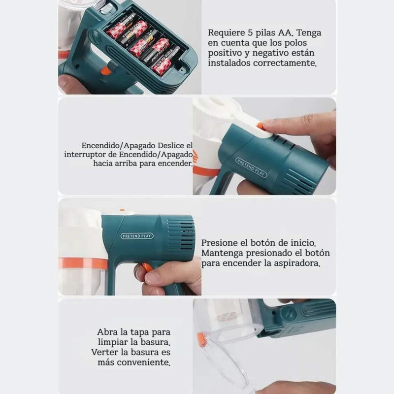 Aspiradora de Juguete Infantil 3 en 1. Juego Interactivo de Limpieza con luz y musica. Incluye 3 Cabezales Intercambiables.