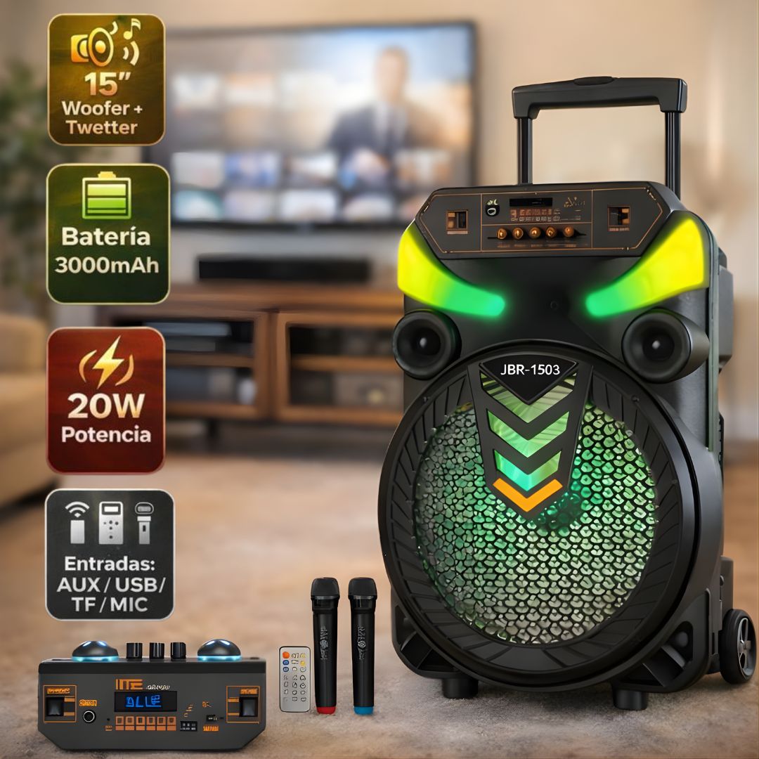 Bocina Bluetooth Portátil de 15” con Luz LED RGB. Altavoz Inalámbrico con Micrófonos, Batería Recargable 3000mAh y Control Remoto. Color negro.