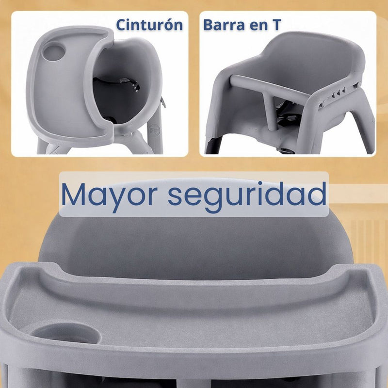 Silla de Comer para Bebés y Niños con Bandeja Ajustable  y Cinturón de Seguridad. Silla Alta Infantil Antivuelco. Color Gris