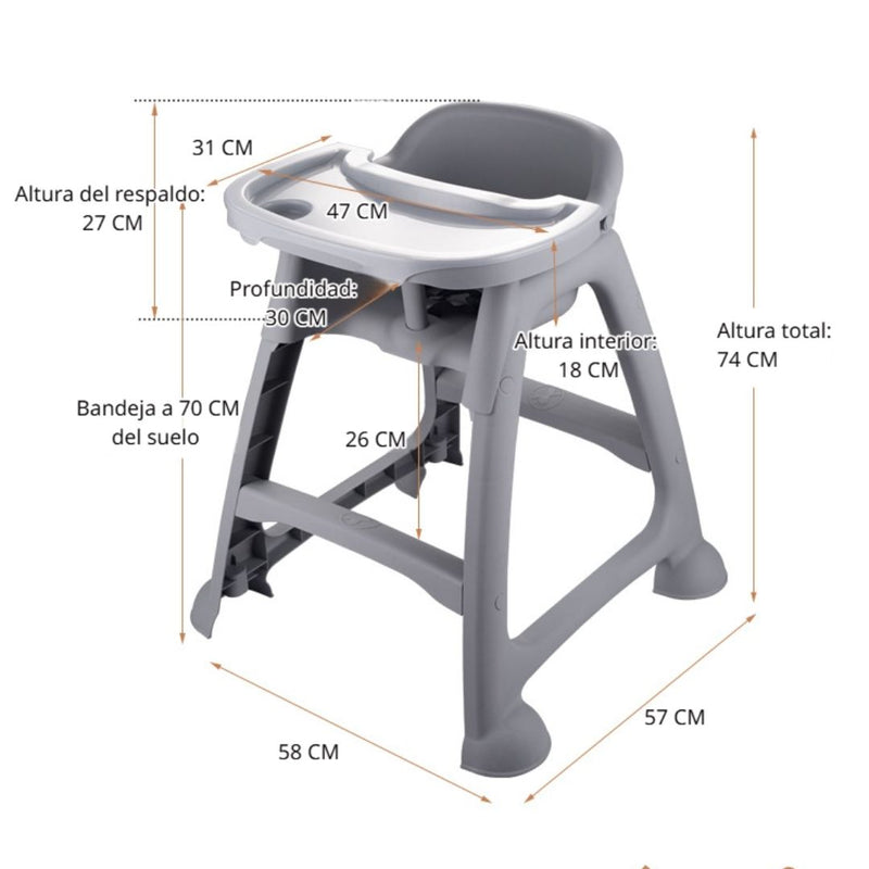 Silla de Comer para Bebés y Niños con Bandeja Ajustable  y Cinturón de Seguridad. Silla Alta Infantil Antivuelco. Color Gris