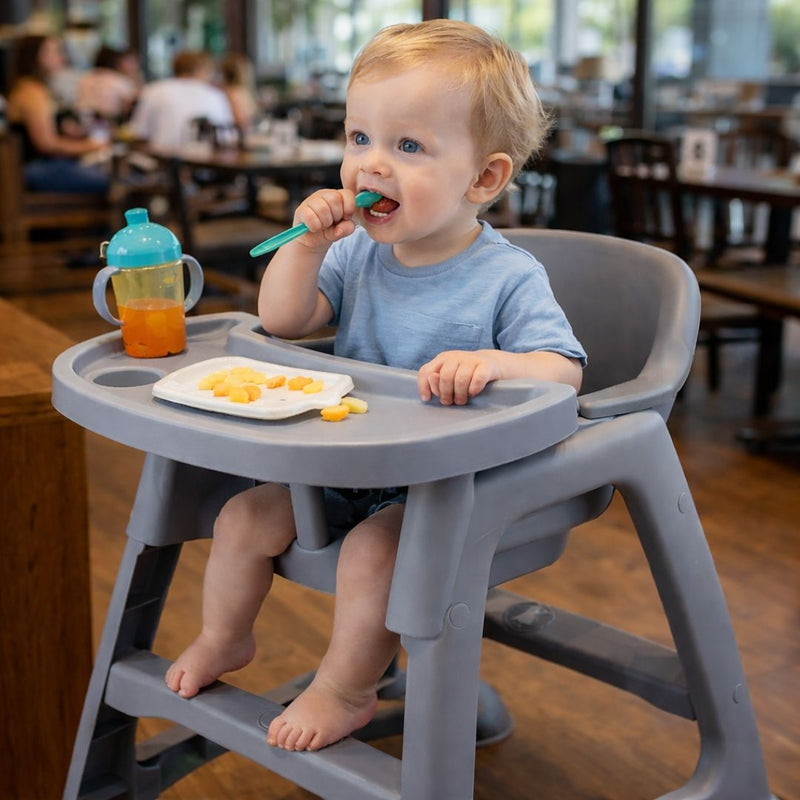 Silla de Comer para Bebés y Niños con Bandeja Ajustable  y Cinturón de Seguridad. Silla Alta Infantil Antivuelco. Color Gris
