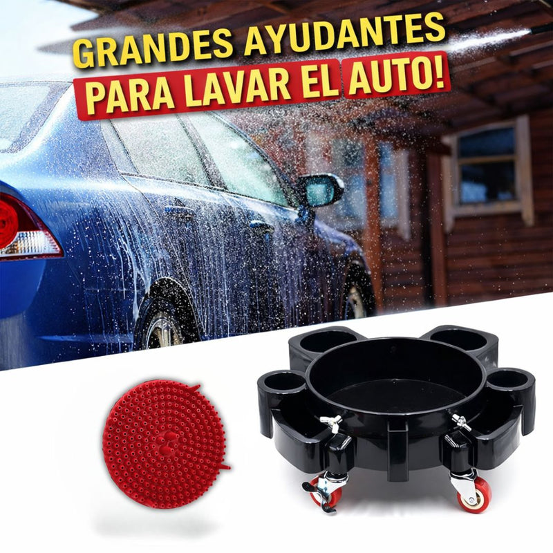 Base Rodante para Cubeta de Detailing | Dolly con Ruedas y Porta Botellas para Car Wash Lavado de Auto con 5 Ruedas. Capacidad 250 lb. Diámetro 45 cm. Color Negro.