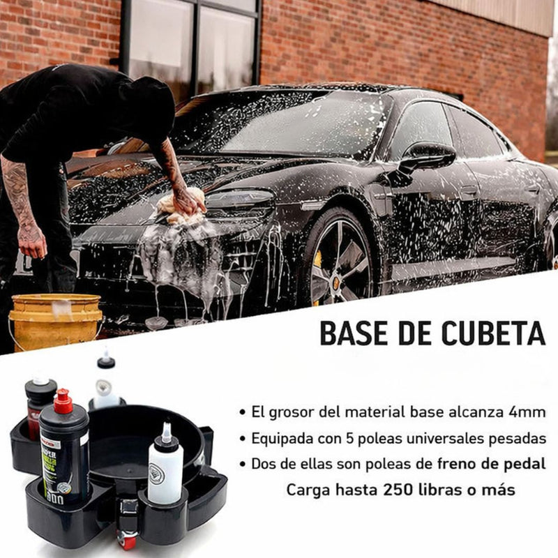 Base Rodante para Cubeta de Detailing | Dolly con Ruedas y Porta Botellas para Car Wash Lavado de Auto con 5 Ruedas. Capacidad 250 lb. Diámetro 45 cm. Color Negro.