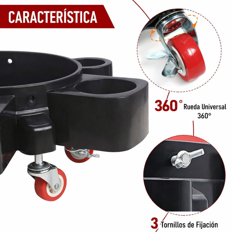 Base Rodante para Cubeta de Detailing | Dolly con Ruedas y Porta Botellas para Car Wash Lavado de Auto con 5 Ruedas. Capacidad 250 lb. Diámetro 45 cm. Color Negro.