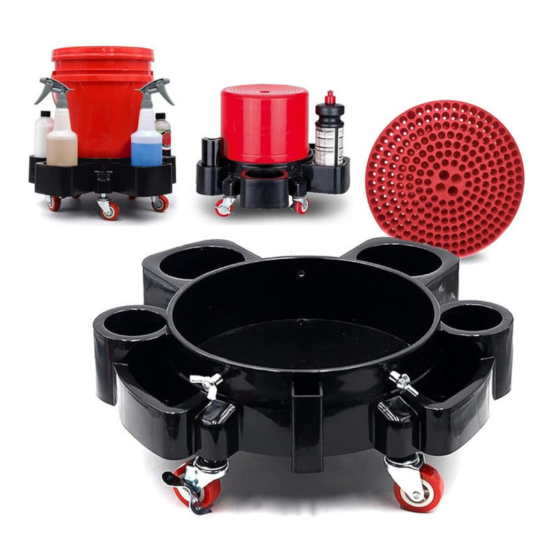 Base Rodante para Cubeta de Detailing | Dolly con Ruedas y Porta Botellas para Car Wash Lavado de Auto con 5 Ruedas. Capacidad 250 lb. Diámetro 45 cm. Color Negro.