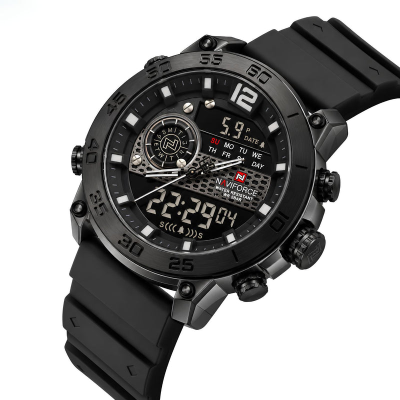 Naviforce Reloj Analógico y Digital en Negro con Correa de Silicona, Diámetro de 45 mm, Cristal Acrílico HD y Resistencia al Agua 5 ATM.