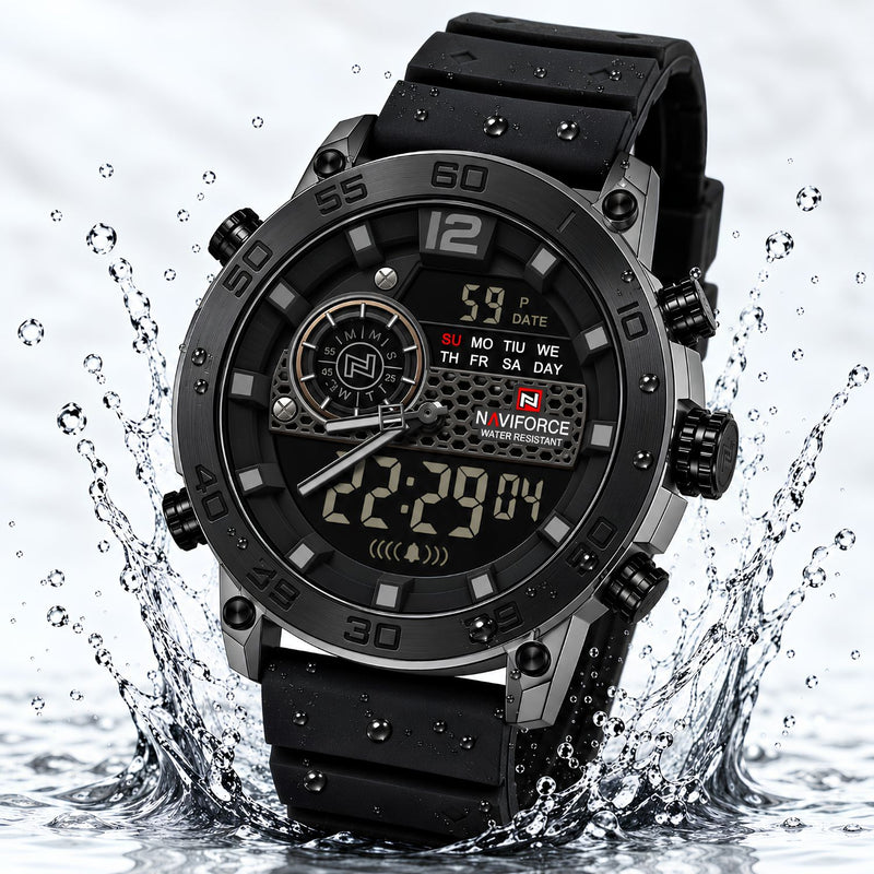 Naviforce Reloj Analógico y Digital en Negro con Correa de Silicona, Diámetro de 45 mm, Cristal Acrílico HD y Resistencia al Agua 5 ATM.