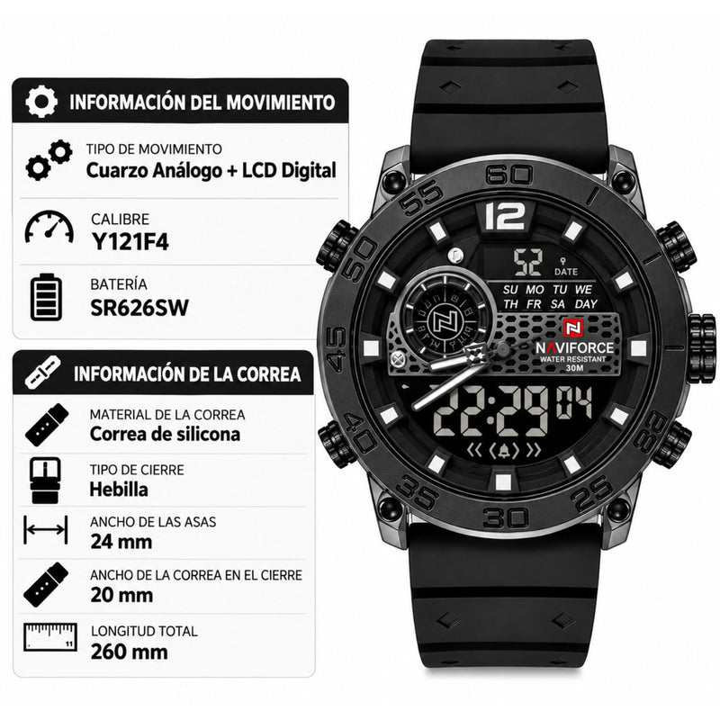 Naviforce Reloj Analógico y Digital en Negro con Correa de Silicona, Diámetro de 45 mm, Cristal Acrílico HD y Resistencia al Agua 5 ATM.