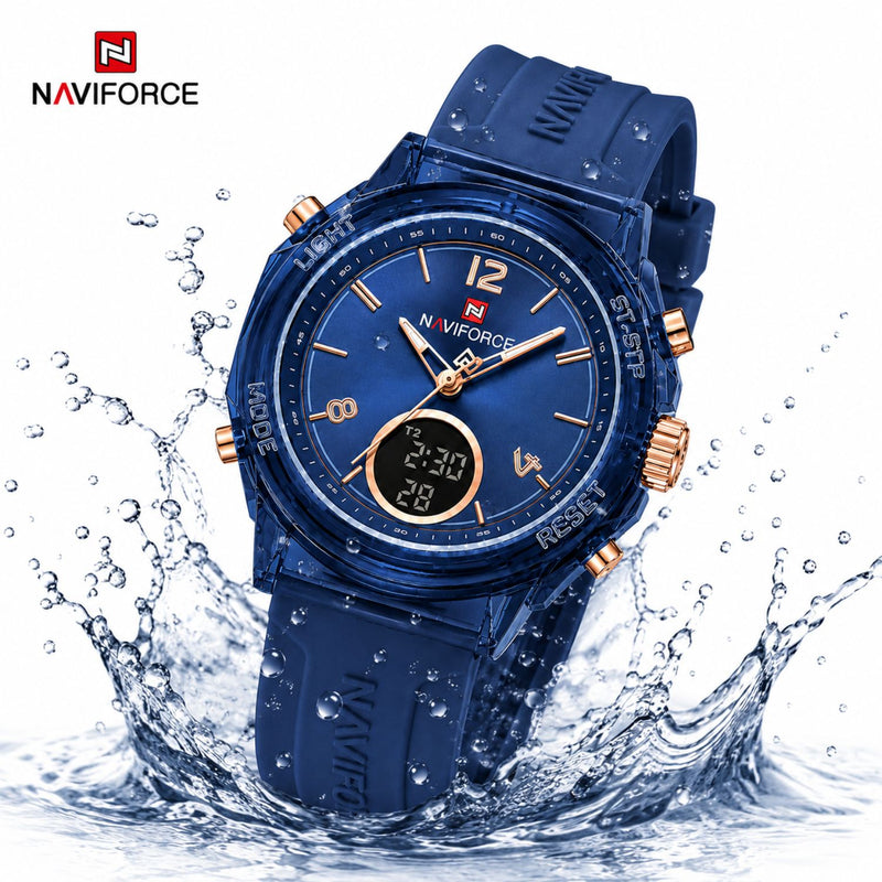 Naviforce Reloj Analógico y Digital Azul Oscuro con Pantalla LCD, Correa de Silicona, Diámetro de 35 mm y Resistencia al Agua 5 ATM.