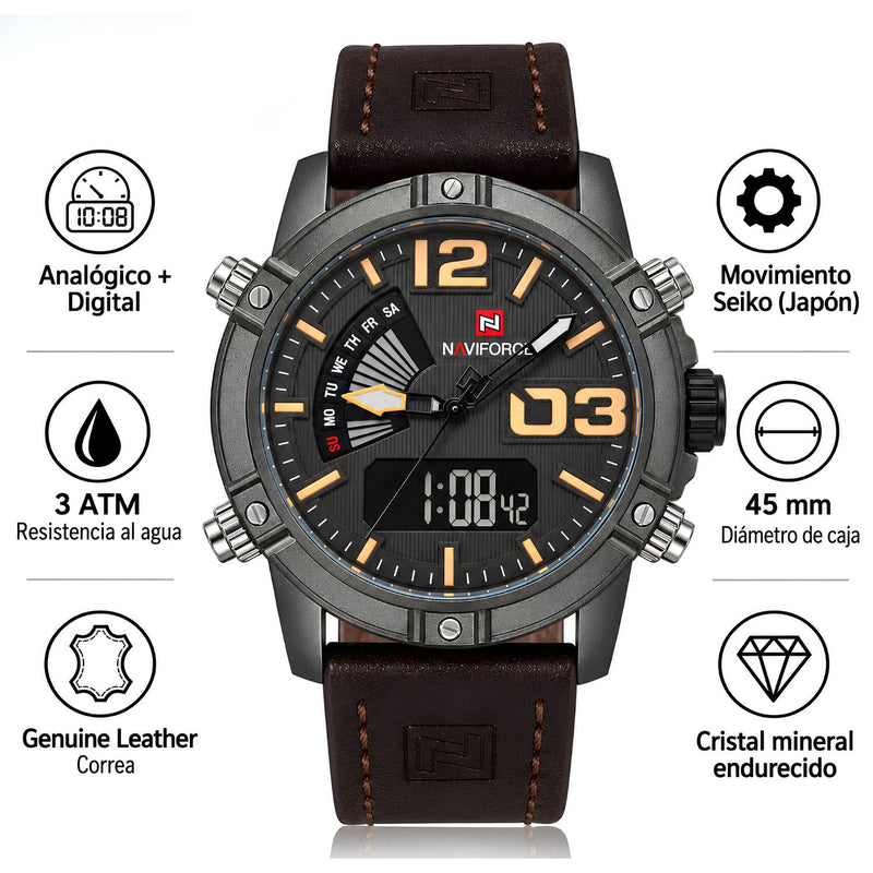 Naviforce Reloj Analógico y Digital marron con Correa marron de Cuero Genuino, Diámetro de 45 mm, Cristal Mineral Endurecido y Resistencia al Agua 3 ATM.
