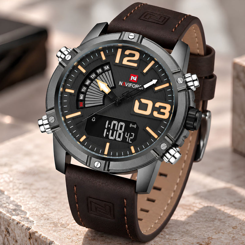 Naviforce Reloj Analógico y Digital marron con Correa marron de Cuero Genuino, Diámetro de 45 mm, Cristal Mineral Endurecido y Resistencia al Agua 3 ATM.