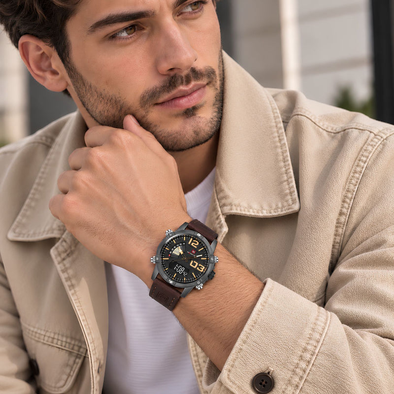 Naviforce Reloj Analógico y Digital marron con Correa marron de Cuero Genuino, Diámetro de 45 mm, Cristal Mineral Endurecido y Resistencia al Agua 3 ATM.