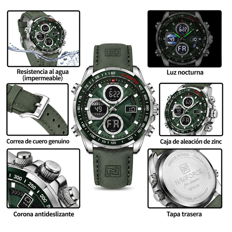Naviforce Reloj Analógico y Digital plateado con Esfera y Correa Verde de Cuero Genuino, Diámetro de 46 mm, Cristal Mineral Endurecido y Resistencia al Agua 3 ATM.