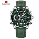 Naviforce Reloj Analógico y Digital plateado con Esfera y Correa Verde de Cuero Genuino, Diámetro de 46 mm, Cristal Mineral Endurecido y Resistencia al Agua 3 ATM.