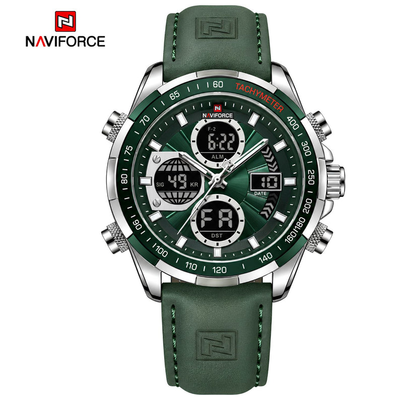 Naviforce Reloj Analógico y Digital plateado con Esfera y Correa Verde de Cuero Genuino, Diámetro de 46 mm, Cristal Mineral Endurecido y Resistencia al Agua 3 ATM.