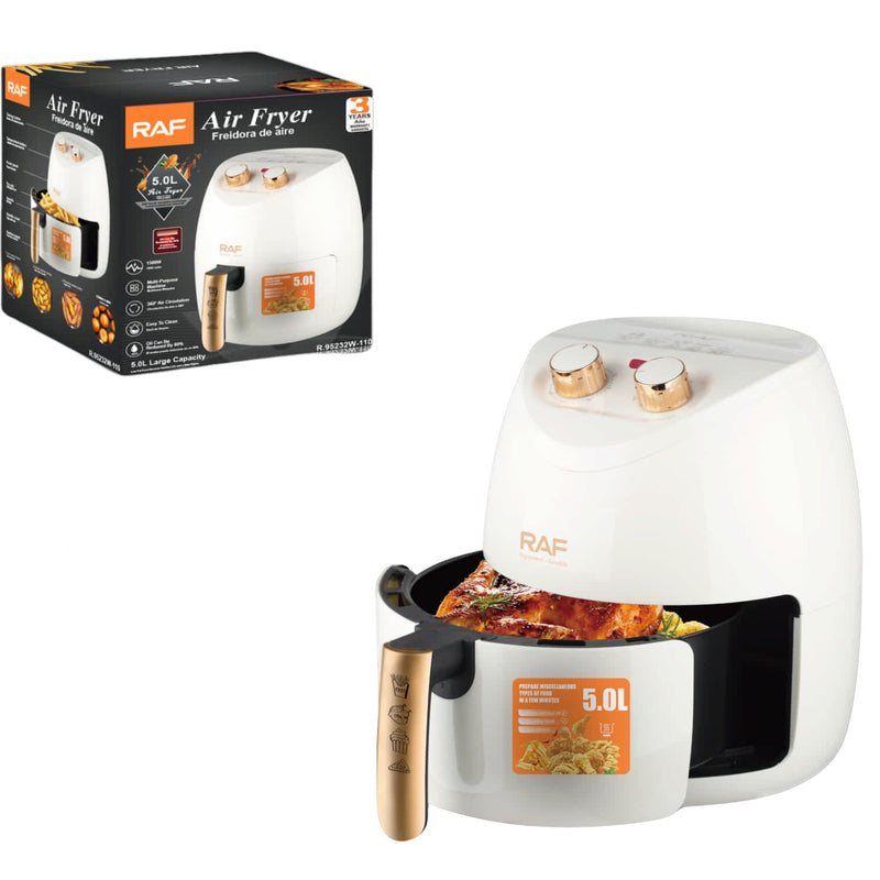 Freidora de Aire 5L 1500W 110V 60Hz Control de Perilla  Antiadherente 360° Multipropósito  Aceite 80% Air Frier