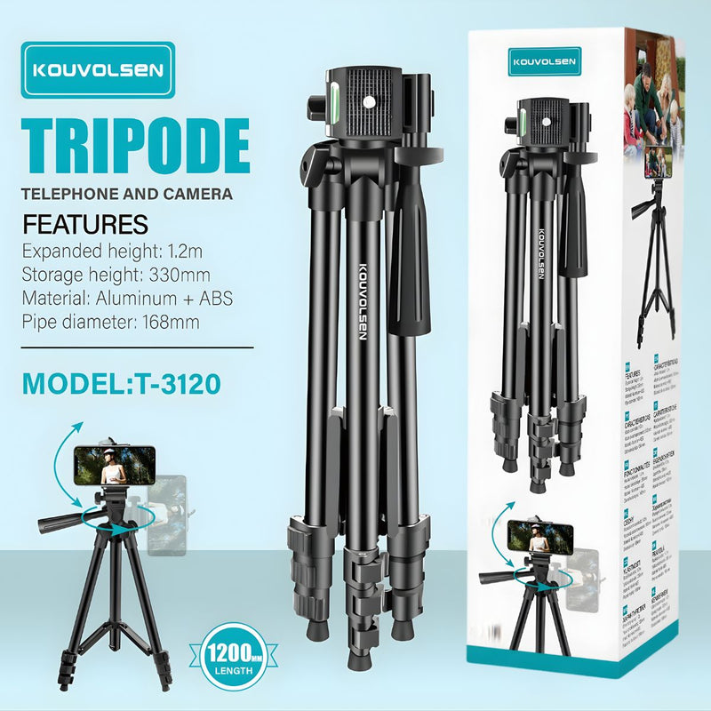 Trípode Para Celular y Cámara 1.2m Ajustable. Soporte Profesional de Aluminio con Cabezal Giratorio. Ideal para Fotografía, Video y Streaming.