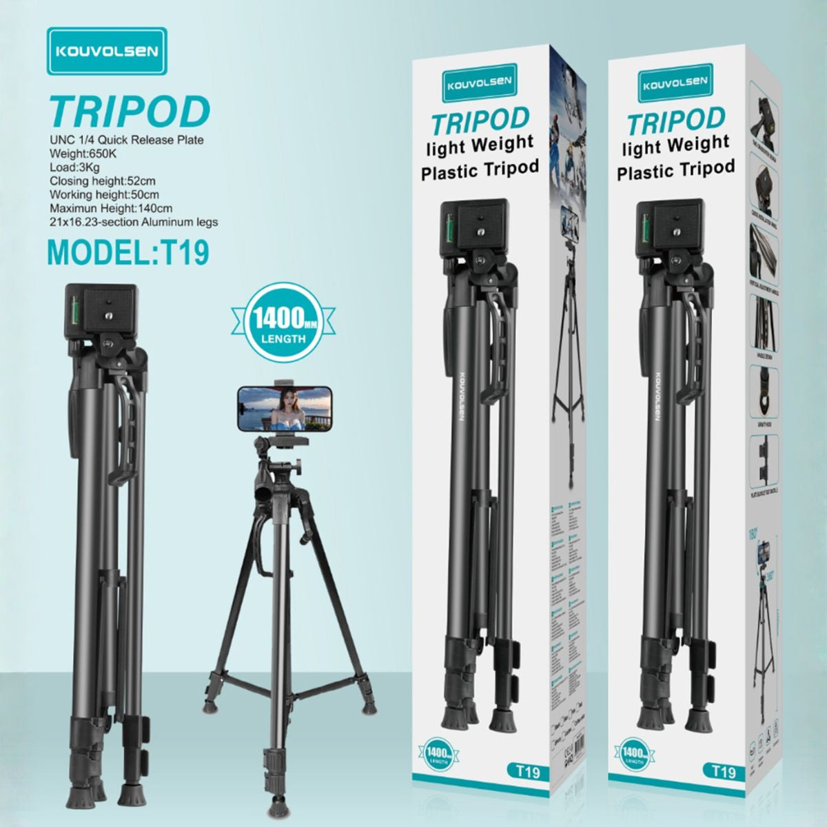 Trípode Profesional Para Celular y Cámara Hasta 140cm. Soporte Ajustable Ligero Con Placa Rápida 1/4” Para Video, Fotos y Streaming.
