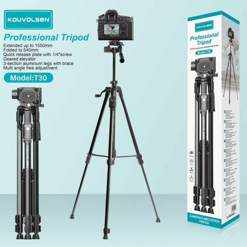 Trípode Para Cámara Y Celular Hasta 155 cm. Soporte Profesional Con Cabezal Ajustable y Placa De Liberación Rápida 1/4” Para Fotografía Y Video.
