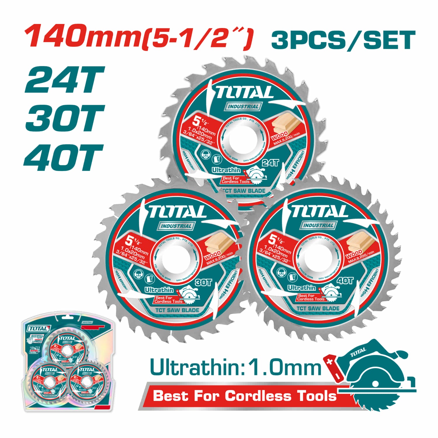 Discos 5 1/2" Sierra Ultra Fina 1.0mm TCT 140mm 24T 30T 40T Set de 3 piezas. Ideal para sierra circular. Uso Madera.