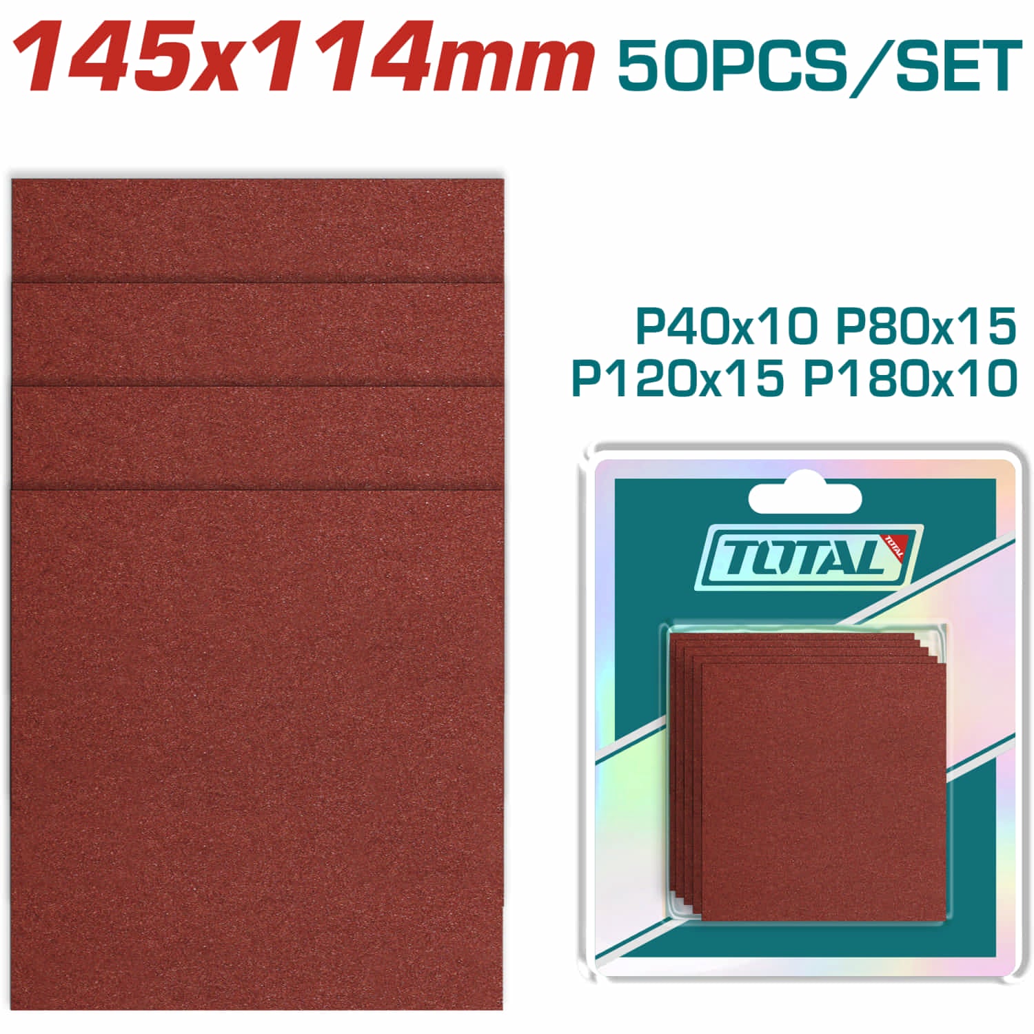 Papeles de Lija 145 x 114mm P40 P80 P120 P180. Ideal para madera y metal. Set de 50 piezas.