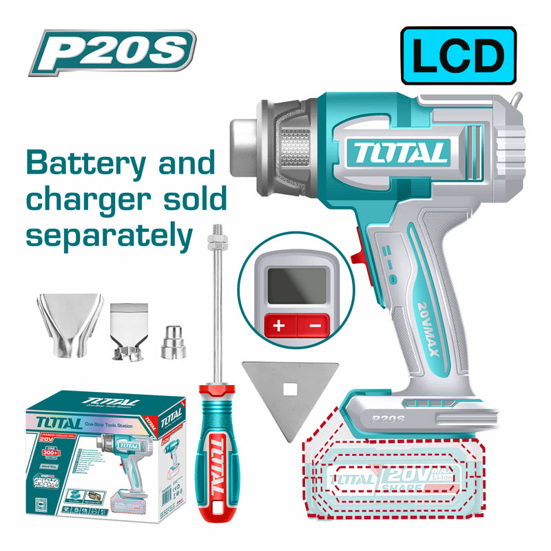 Pistola De Calor Inalámbrica. 20V. 300/550°C. Con pantalla LCD. Batería Y Cargador Por Separado. Blower
