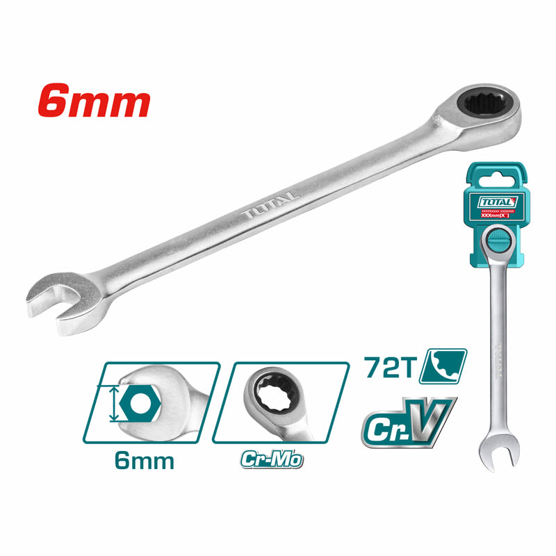 Llave combinada con Ratchet 6mm. Cr-V Cromada. Acabado Mate. 72 dientes.