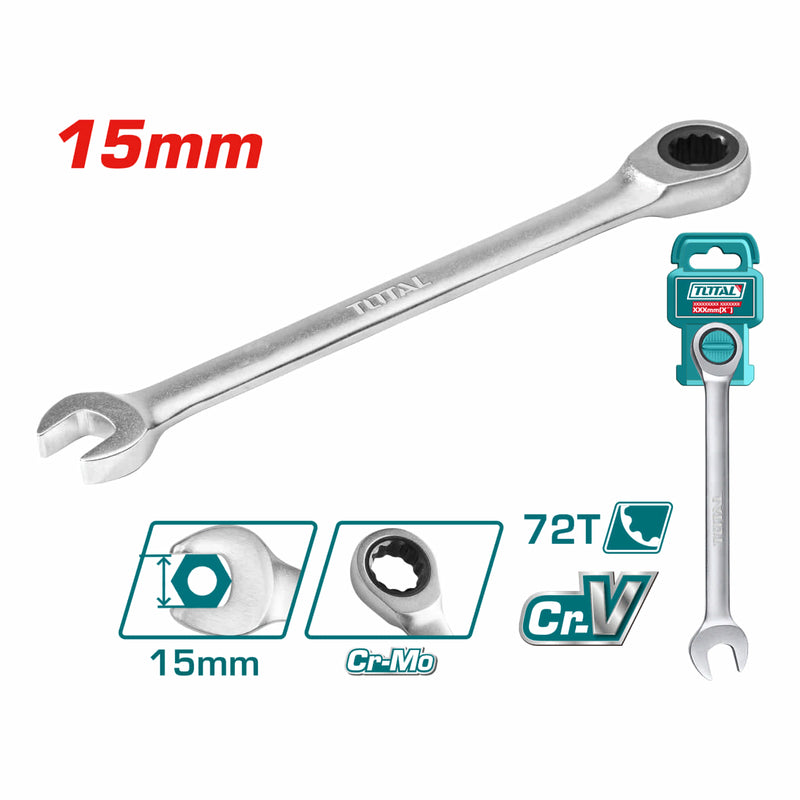 Llave combinada con Ratchet 15mm. Cr-V Cromada. Acabado Mate. 72 dientes. Longitud: 200mm