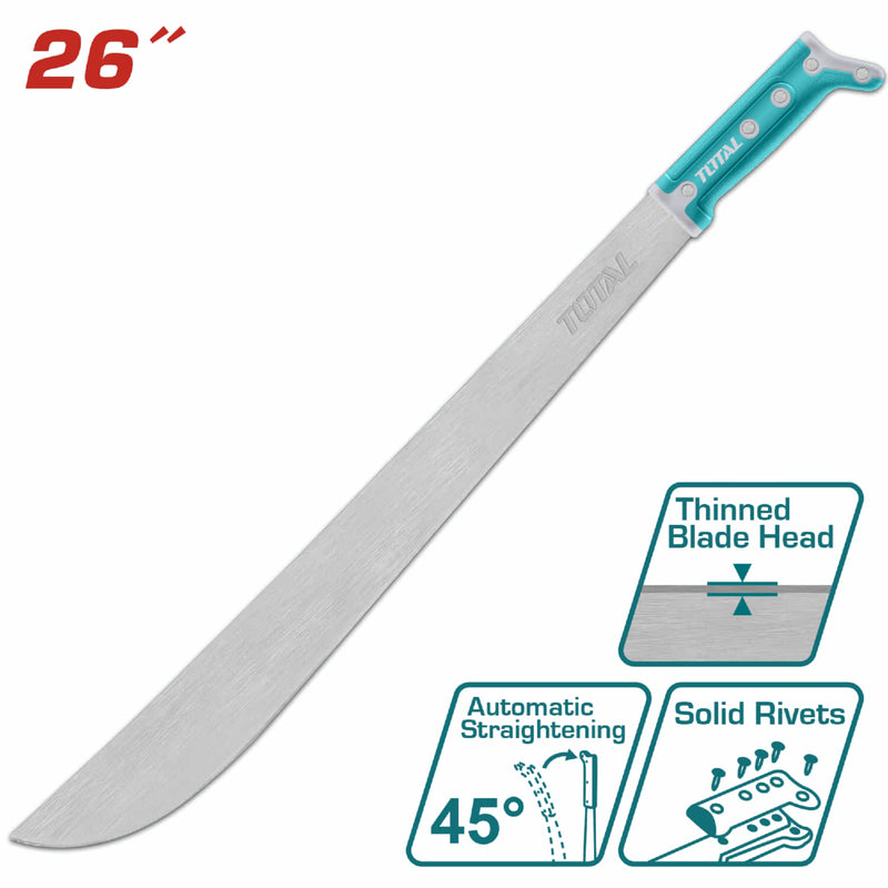 Machete de 18" con mango remachado y cabeza delgada. Mango antideslizante. Acero al carbono.