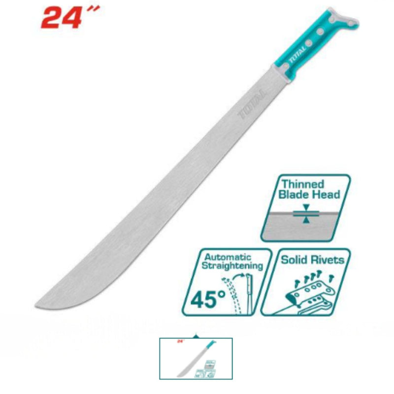 Machete de 24" con mango remachado y cabeza delgada. Mango antideslizante. Acero al carbono.