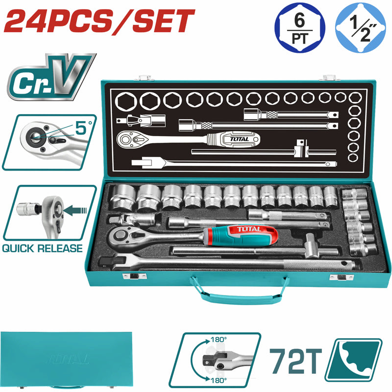 Socket ratchet 1/2". Set de 24 piezas. Cr-V. Incluye: Sockets,Barras de extensión, Barra T. Térmico. 24 dados juego combo maletin