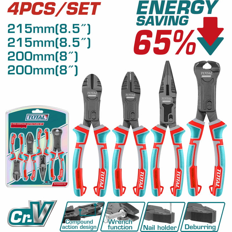 Alicates de Combinacion de 8", de Punta larga de 8.5", de corte diagonal de 8". Se vende en set de 4 piezas. Salva 65% de fuerza