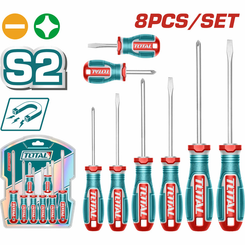 Destornilladores Punta Plana (SL) y Punta Estrella (PH).CR-V. Magnético. Mango redondo(Set de 8)