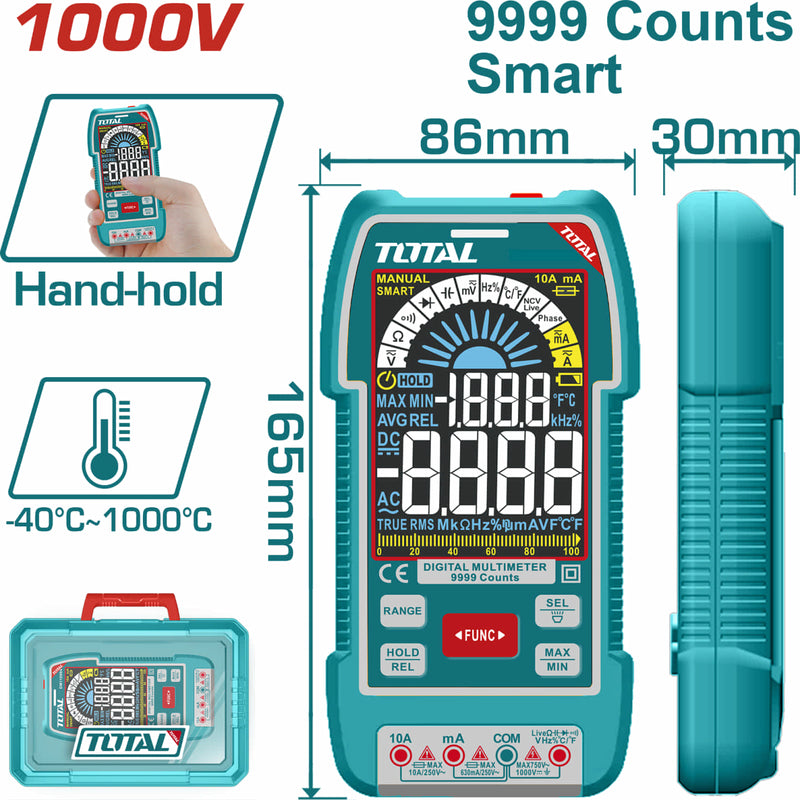 Multímetro digital Smart de 9999 conteos. Con Retención De Datos. Resistencia 999.9Ω. Detección de voltaje sin contacto.