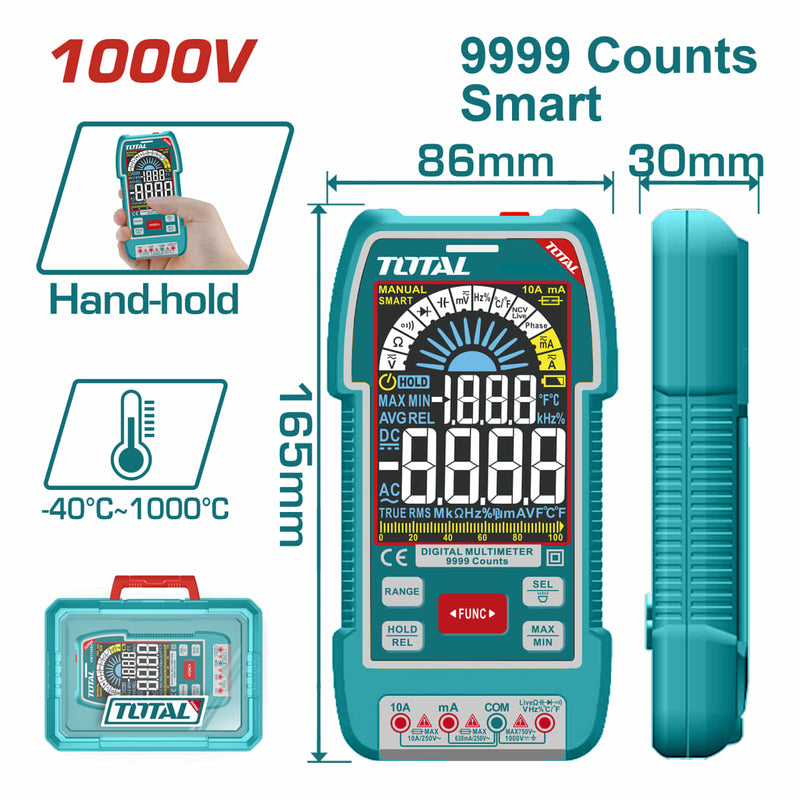 Multímetro digital Smart de 9999 conteos. Con Retención De Datos. Resistencia 999.9Ω. Detección de voltaje sin contacto.