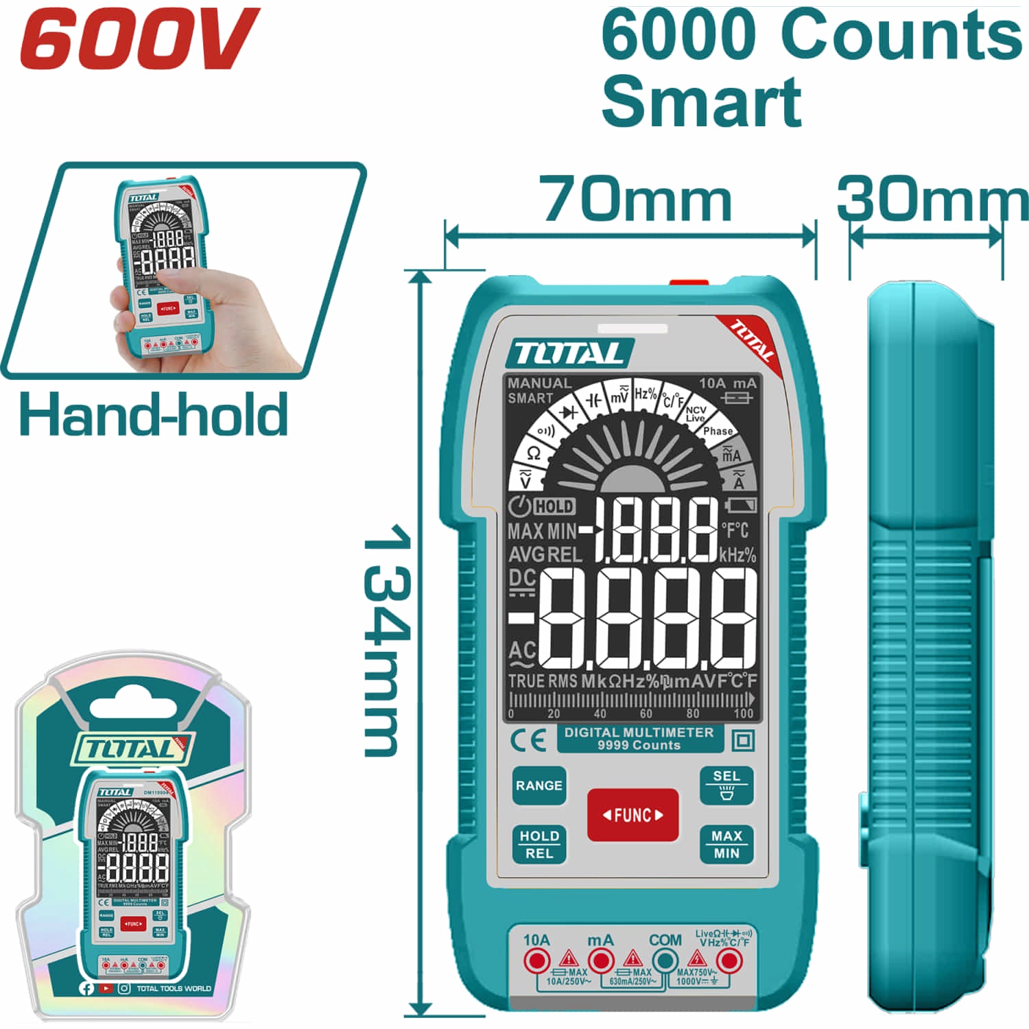 Multímetro digital Smart de 6000 conteos. Con Retención De Datos. AC/DC 600V. Resistencia 600Ω. Detección de voltaje sin contacto.