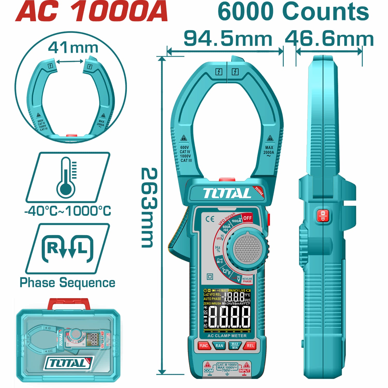 Medidor De Abrazadera Pinza Amperimétrica 6000 Cuentas. AC 1000A. Con Retención De Datos.