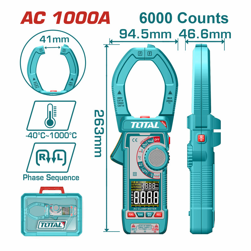 Medidor De Abrazadera Pinza Amperimétrica 6000 Cuentas. AC 1000A. Con Retención De Datos.