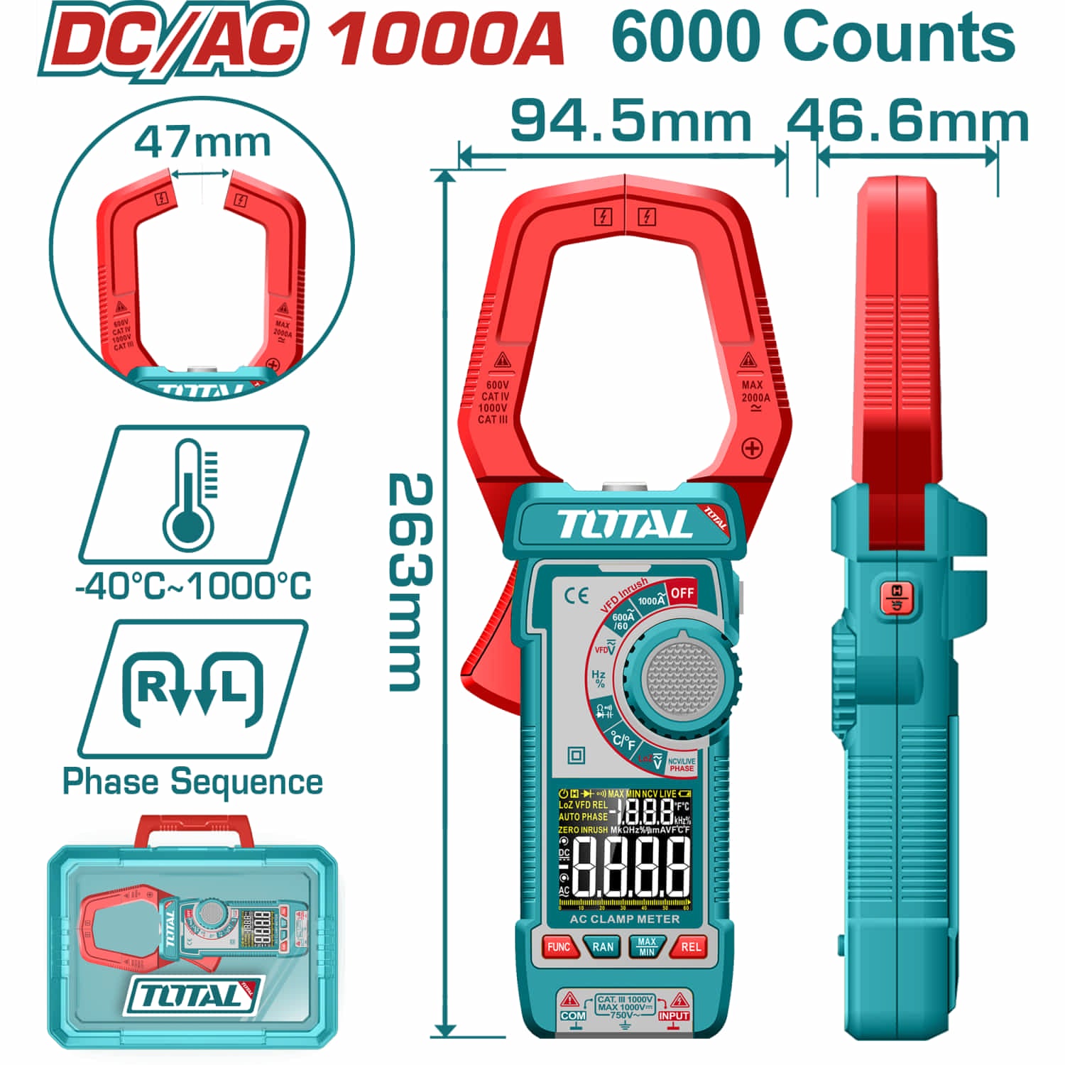 Medidor De Abrazadera Digital AC/DC 1000A, Pinza Amperimétrica Pantalla De 6000 Dígitos. Filtro de paso bajo. Con Retención De Datos.