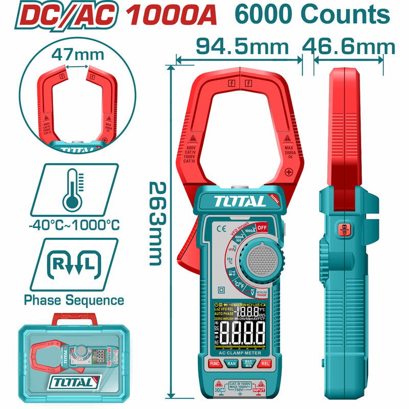 Medidor De Abrazadera Digital AC/DC 1000A, Pinza Amperimétrica Pantalla De 6000 Dígitos. Filtro de paso bajo. Con Retención De Datos.