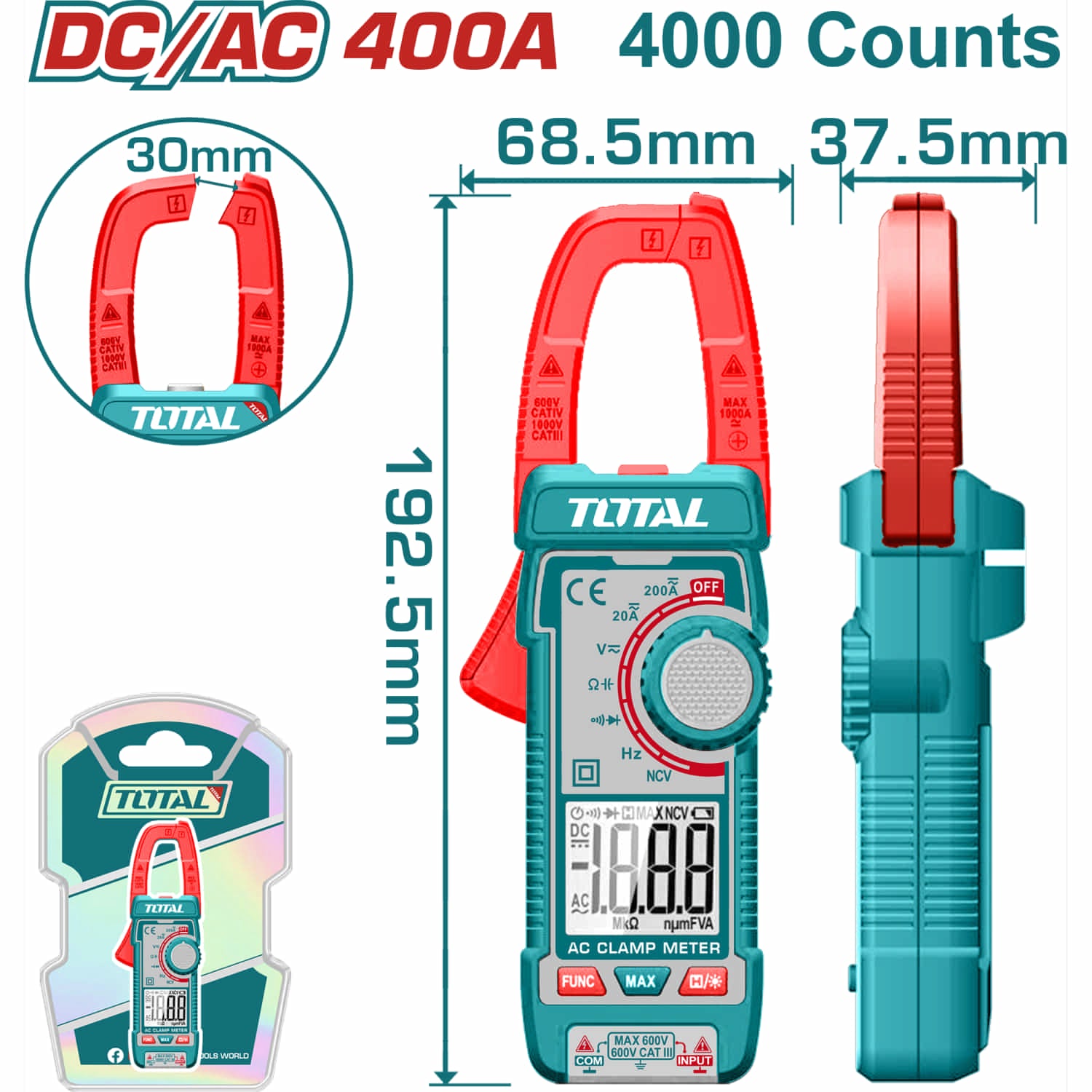 Medidor De Abrazadera Digital AC/DC, Pantalla De 4000 Dígitos. Detección de voltaje sin contacto. Con Retención De Datos.