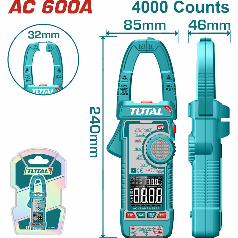 Medidor De Abrazadera Pinza Amperimétrica 4000 Cuentas. AC 600A. Con Retención De Datos. Resistencia 400Ω.