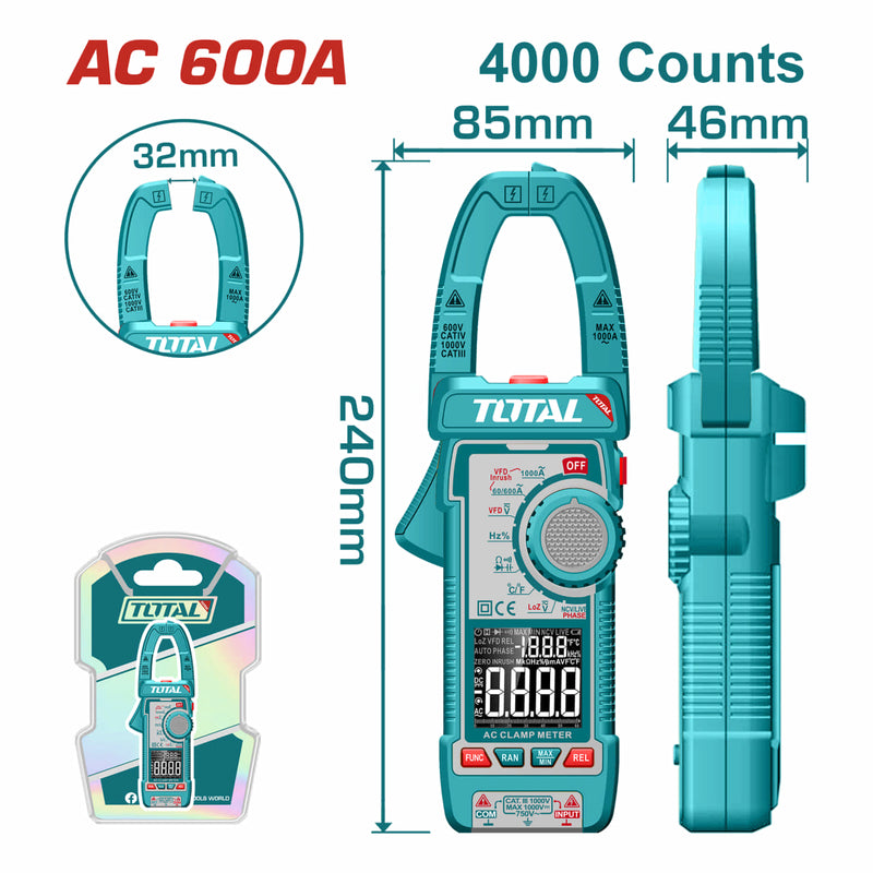 Medidor De Abrazadera Pinza Amperimétrica 4000 Cuentas. AC 600A. Con Retención De Datos. Resistencia 400Ω.