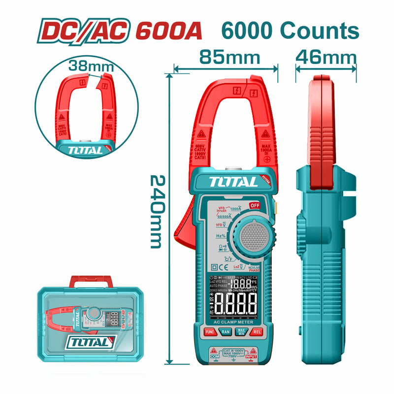 Medidor De Abrazadera Digital AC/DC 600A, Pinza Amperimétrica Pantalla De 6000 Dígitos. Filtro de paso bajo. Con Retención De Datos.