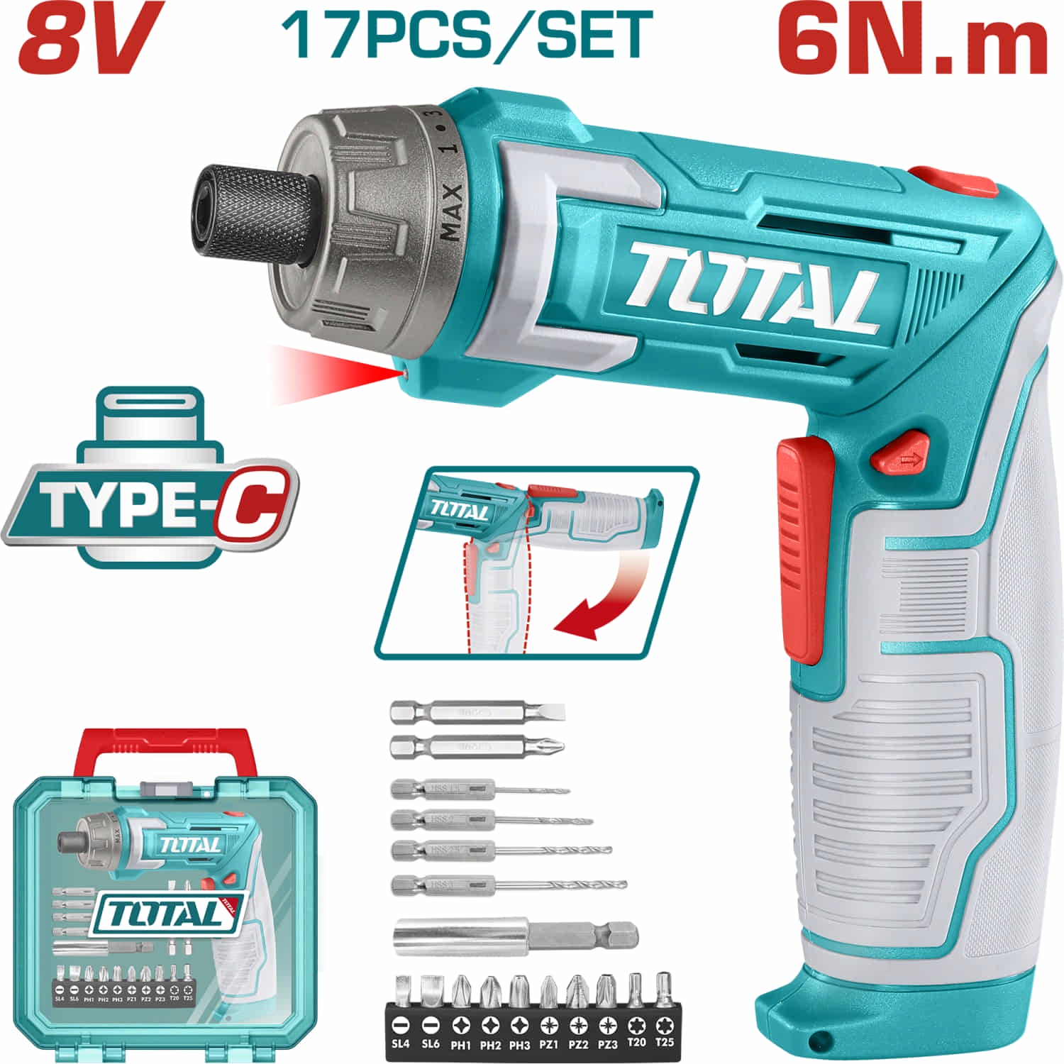 Destornillador inalámbrico 8V 6N.m. 1/4" 220rpm Carga por USB tipo Celular Samsung se vende por separado. Incluye accesorios.