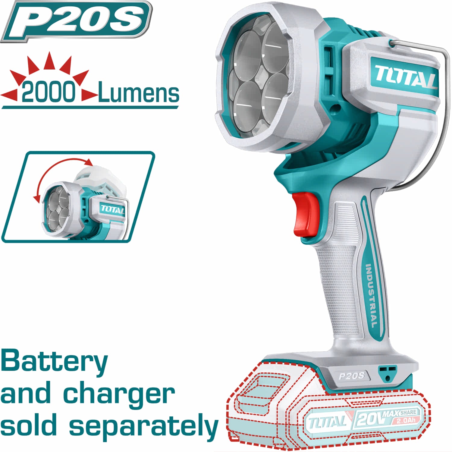 Lámpara De Trabajo Inalámbrica 20V. 2000 Lumens. Cabeza giratoria de 120°. No Incluye Cargador Ni Batería. Linterna